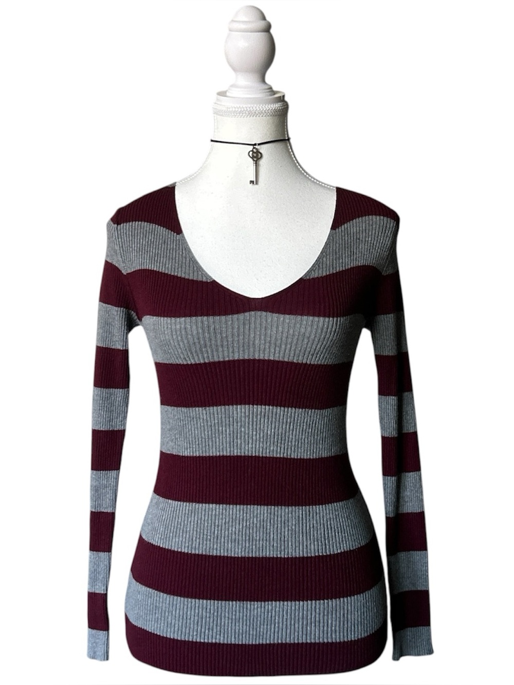 Y2K Grunge “U2B” Grey and Red Stripe V-Neck Long Sleeve Top